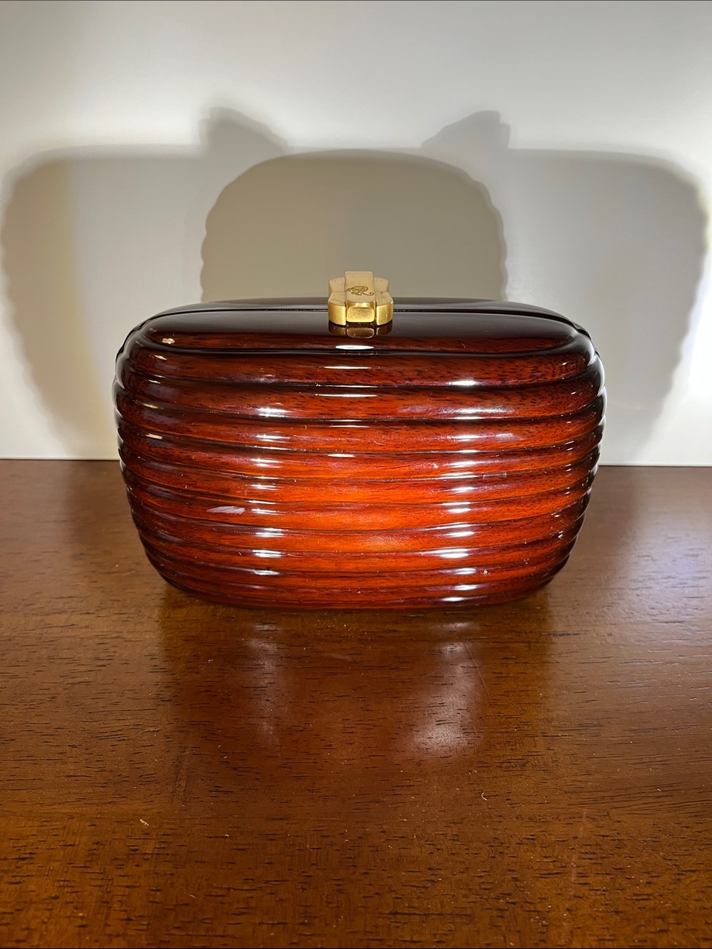 Rocio Chestnut Ribbed Wood Evening Clutch with Gold Hardware